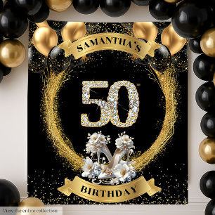 Elegant 50th Birthday Backdrop Diamond Numbers Tapestry