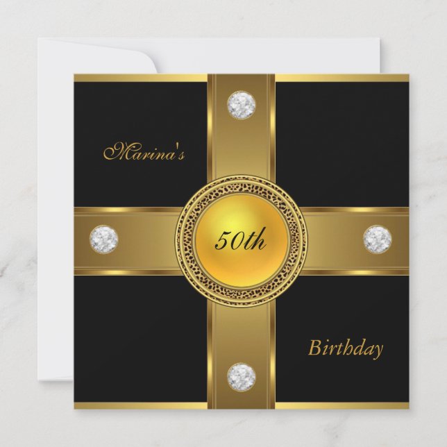 Elegant 50th Birthday Black Gold Diamond Jewel Invitation (Front)