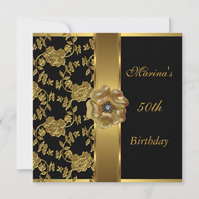 Elegant 50th Birthday Black Gold Floral Brocade Invitation (Front)