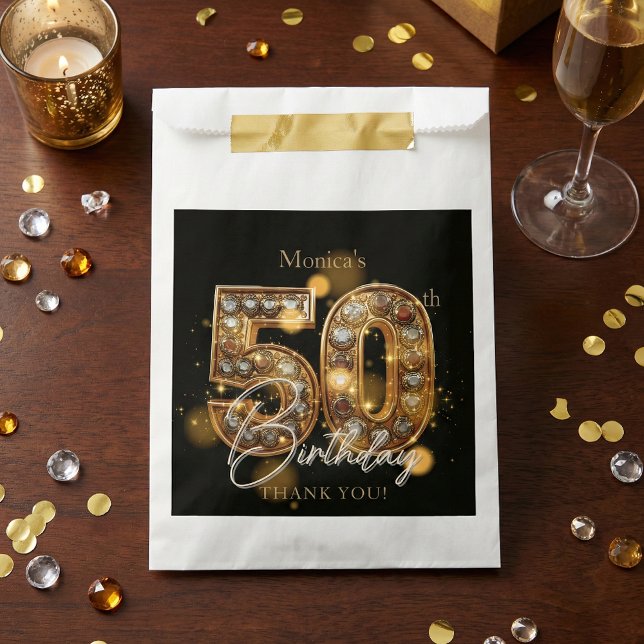 Elegant 50th Birthday Black Gold Gems Sparkle Favour Bags (Creator Uploaded)