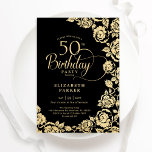 Elegant 50th Birthday Black Gold Roses Invitation<br><div class="desc">Black gold floral 50th birthday party invitation. Elegant design featuring roses,  faux gold foil and typography script font. Trendy invite card perfect for a stylish female bday celebration. Can be customised to any age. Personalise with your own details. Printed Zazzle invitations or instant download digital printable template.</div>