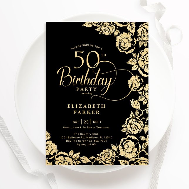 Elegant 50th Birthday Black Gold Roses Invitation (Creator Uploaded)