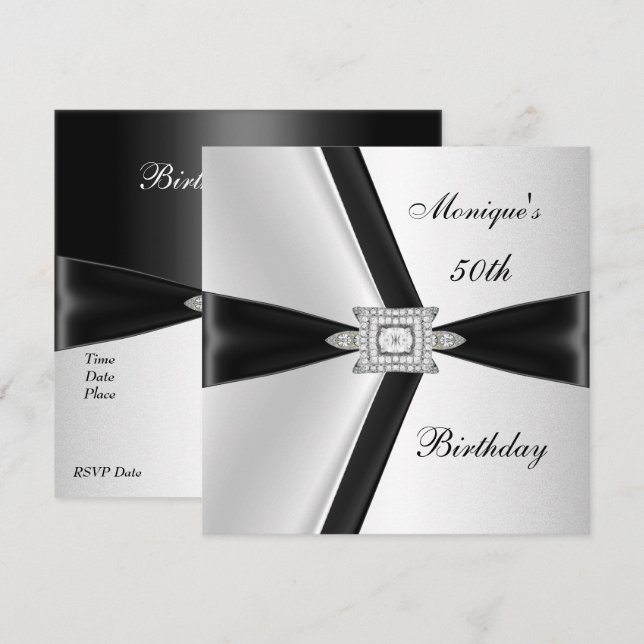 Elegant 50th Birthday Black White Diamond Invitation (Front/Back)
