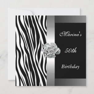 Elegant 50th Birthday Black White Silver Zebra Invitation