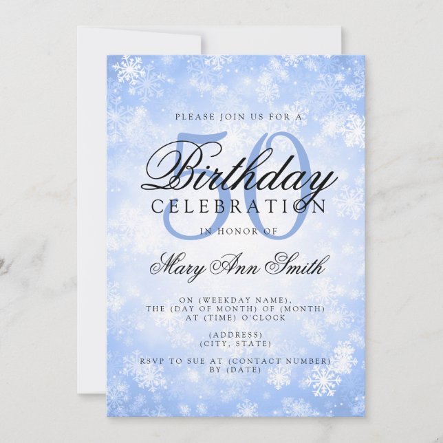 Elegant 50th Birthday Blue Winter Wonderland Invitation (Front)