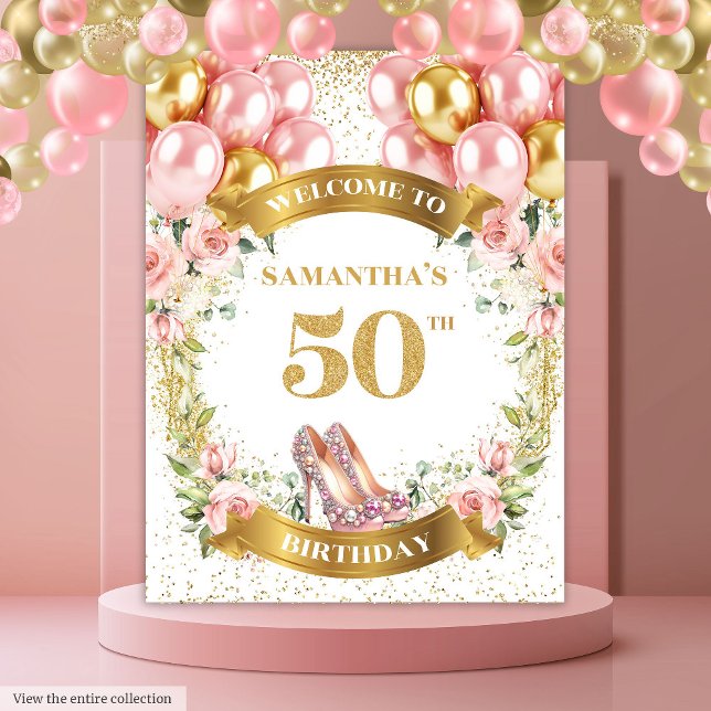 Elegant 50th Birthday Blush Flowers Party Backdrop Tapestry (Elegant 50th Birthday Blush Flowers Party Backdrop)