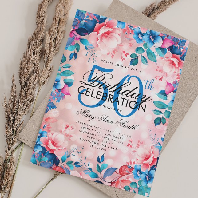 Elegant 50th Birthday Blush Pink Blue Floral  Invitation (Elegant 50th Birthday Blush Pink Blue Floral Invitation)