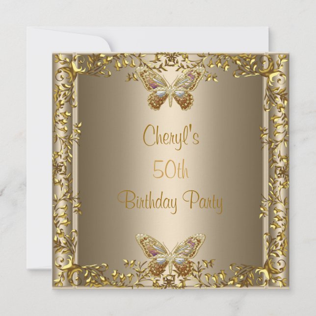 Elegant 50th Birthday Bronze Gold Butterfly Invitation (Front)
