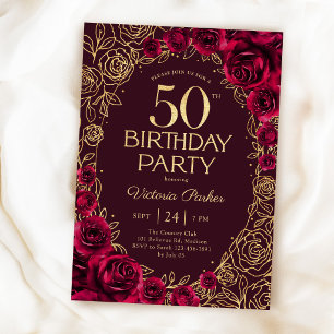 Elegant 50th Birthday Burgundy Gold Floral Invitation