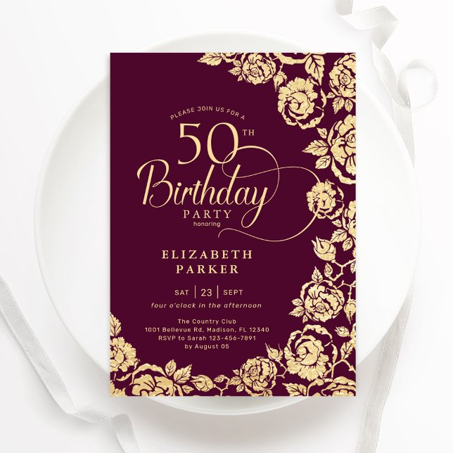 Elegant 50th Birthday Burgundy Gold Roses Invitation (Creator Uploaded)