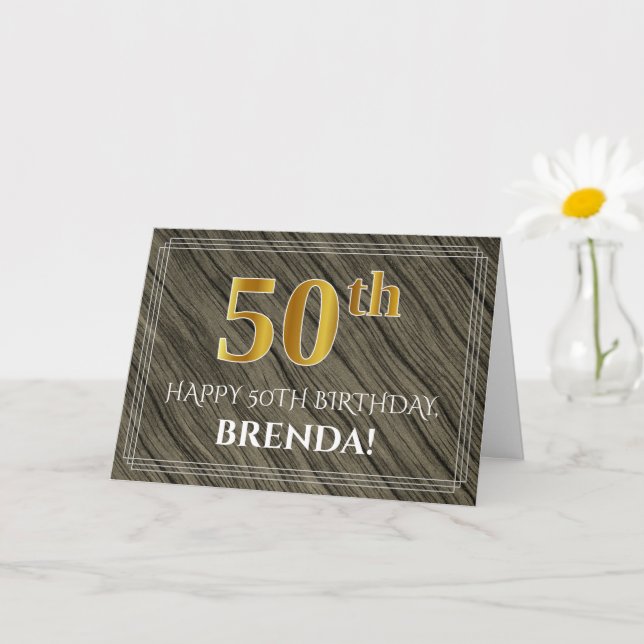 Elegant 50th Birthday: Faux Wood, Faux Gold Look Card (Small Plant)