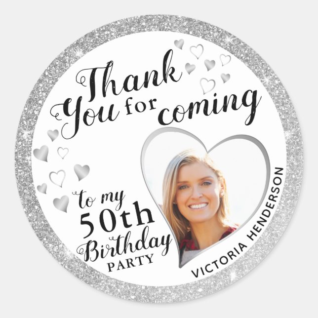 Elegant 50th Birthday Favour Silver Thank You Classic Round Sticker (Front)