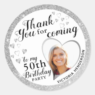 Elegant 50th Birthday Favour Silver Thank You Classic Round Sticker