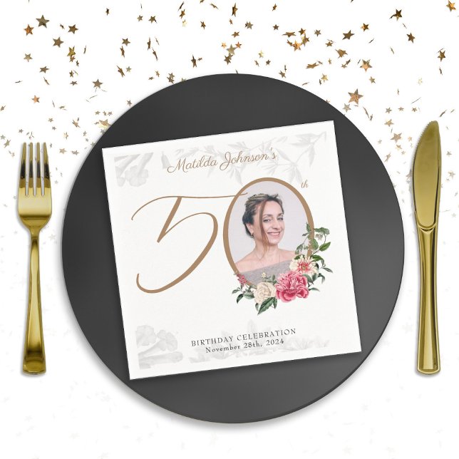 Elegant 50th Birthday Floral Foliage Custom Photo Napkin (Elegant 50th Birthday Floral Foliage Custom Photo Napkins)