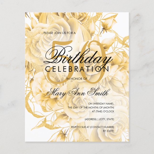 Elegant 50th Birthday Floral Gold White Invite   Flyer (Front)