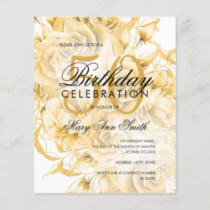 Elegant 50th Birthday Floral Gold White Invite Flyer
