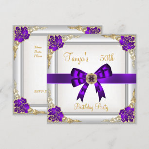 Elegant 50th Birthday Floral Purple White Gold 2 Invitation