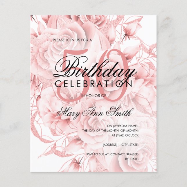 Elegant 50th Birthday Floral Rose Gold Invite Flyer (Front)