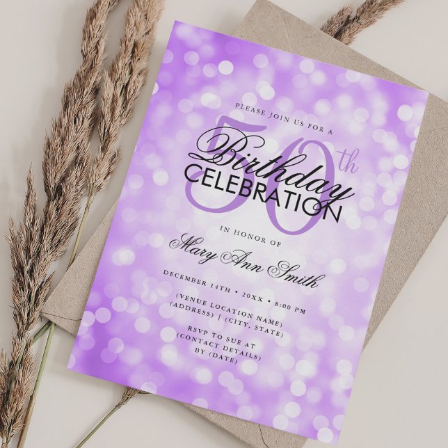 Elegant 50th Birthday Glam Purple Shimmer Light Invitation (Elegant 50th Birthday Glam Purple Shimmer Light Invitation)