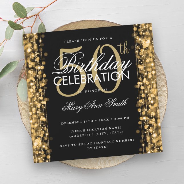 Elegant 50th Birthday Glam Sparkles Gold & Black Invitation (Elegant 50th Birthday Glam Sparkles Gold & Black Invitation)