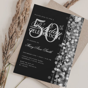 Elegant 50th Birthday Glam Sparkles Silver & Black Invitation