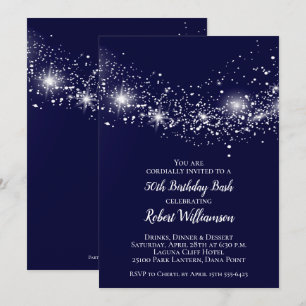 Elegant 50th Birthday Glitter Sky Navy Blue Invite