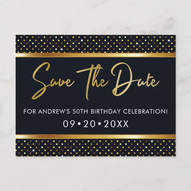 Elegant 50th Birthday Gold And Black Save The Date Postcard (Front)