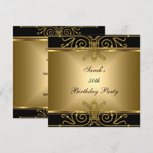 Elegant 50th Birthday Gold Black Art Deco Invitation (Front/Back)