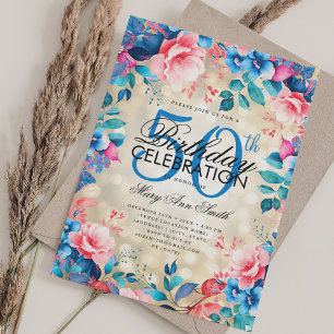 Elegant 50th Birthday Gold Blue Pink Floral Lights Invitation