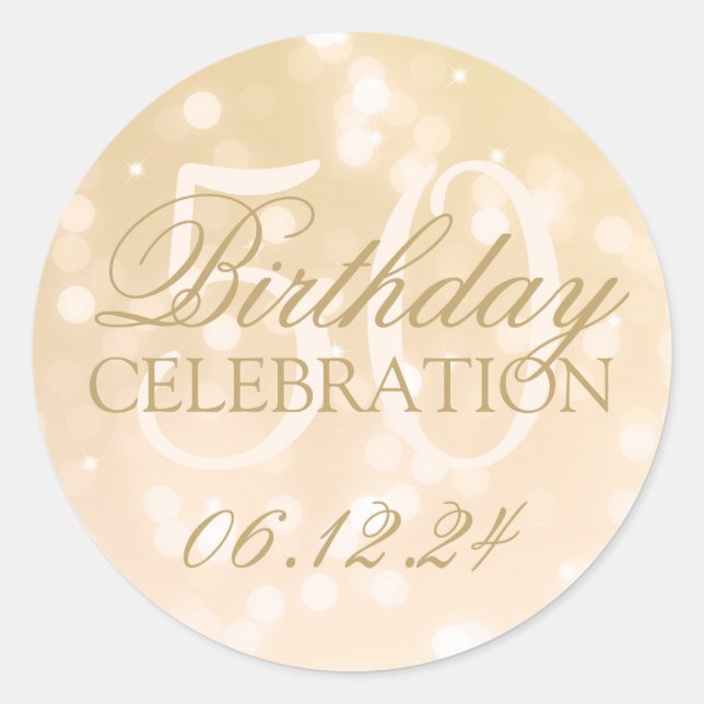 Elegant 50th Birthday Gold Bokeh Sparkle Lights Classic Round Sticker (Front)