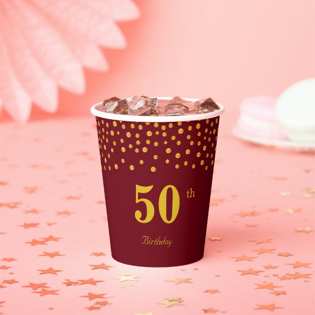 Elegant 50th Birthday & Gold Confetti on Burgundy Paper Cups (Insitu)