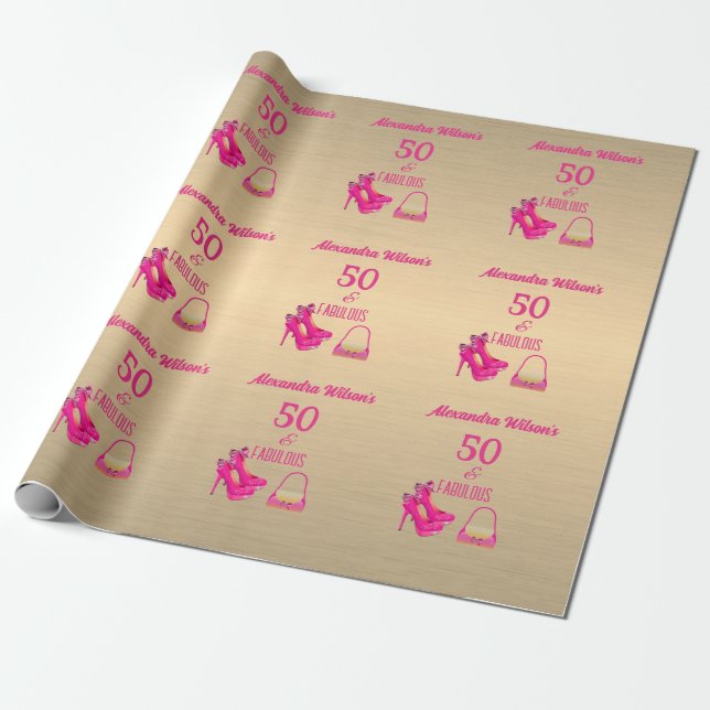 Elegant 50th Birthday Gold Pink High Heels Name  Wrapping Paper (Unrolled)