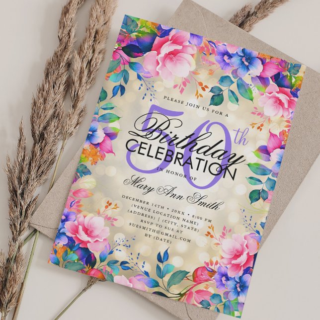 Elegant 50th Birthday Gold Rainbow Floral Lights Invitation (Elegant 50th Birthday Gold Rainbow Floral Lights Invitation)