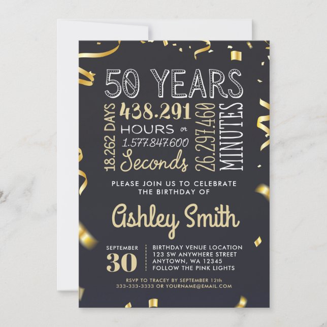 Elegant 50th Birthday Invitation Gold Glitter (Front)
