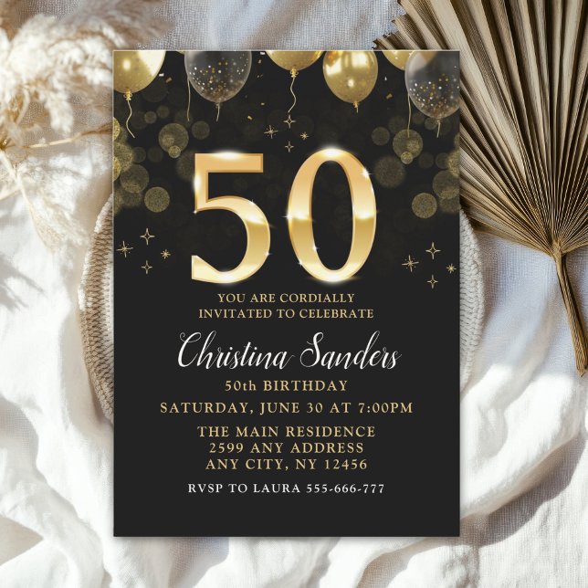 Elegant 50th Birthday Invitation with Gold Ballons (Creator Uploaded)