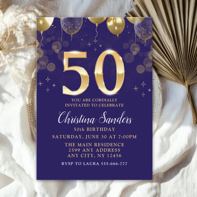Elegant 50th Birthday Invitation with Gold Ballons (Creator Uploaded)