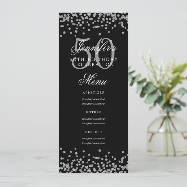 Elegant 50th Birthday Menu Silver Black Confetti Invitation (Standing Front)