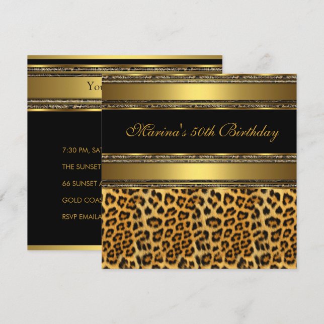 Elegant 50th Birthday Party Black Gold Cheetah 2 Invitation (Front/Back)
