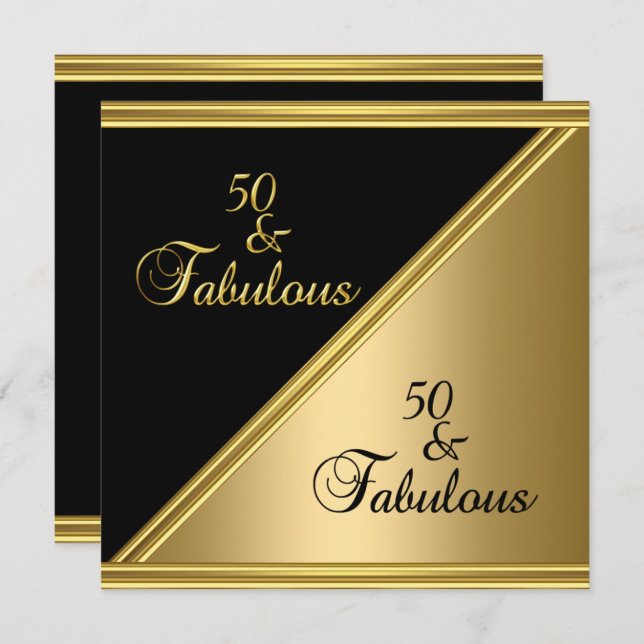 Elegant 50th Birthday Party Black Gold Floral Invitation (Front/Back)