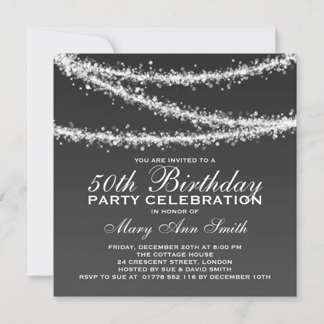 Elegant 50th Birthday Party Black String Lights Invitation (Front)