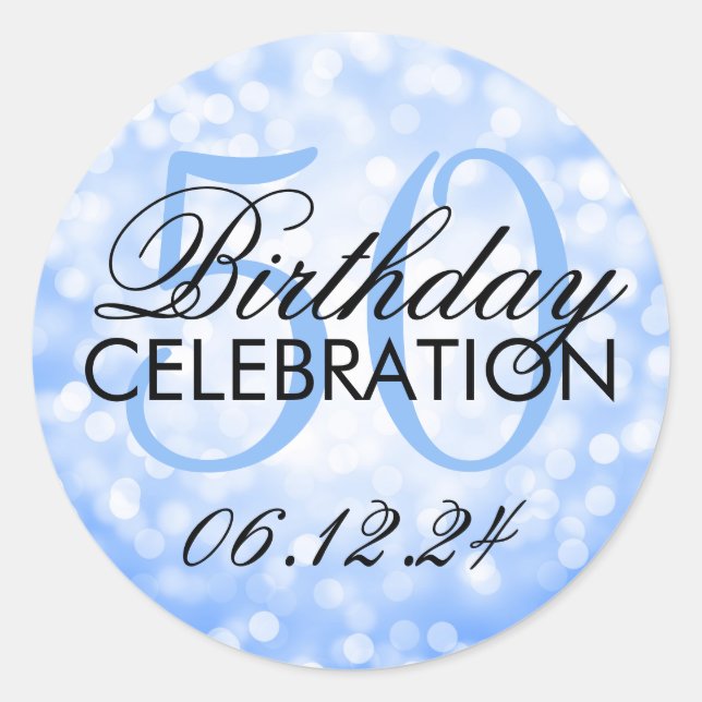 Elegant 50th Birthday Party Blue Glitter Lights Classic Round Sticker (Front)