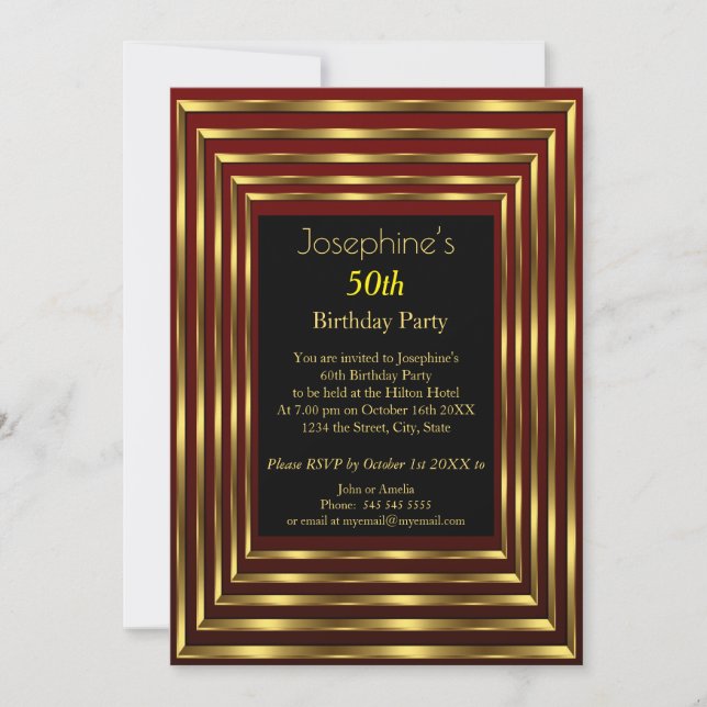 Elegant 50th Birthday Party Burgundy Gold Black  Invitation (Front)