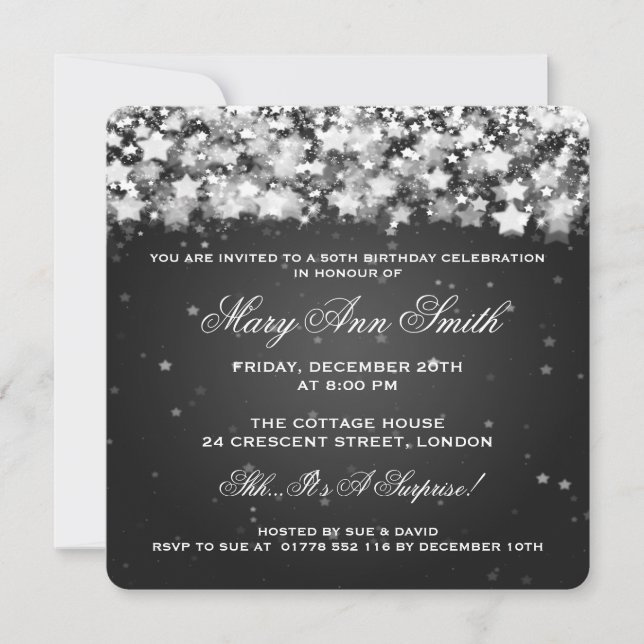 Elegant 50th Birthday Party Dazzling Stars Black Invitation (Front)