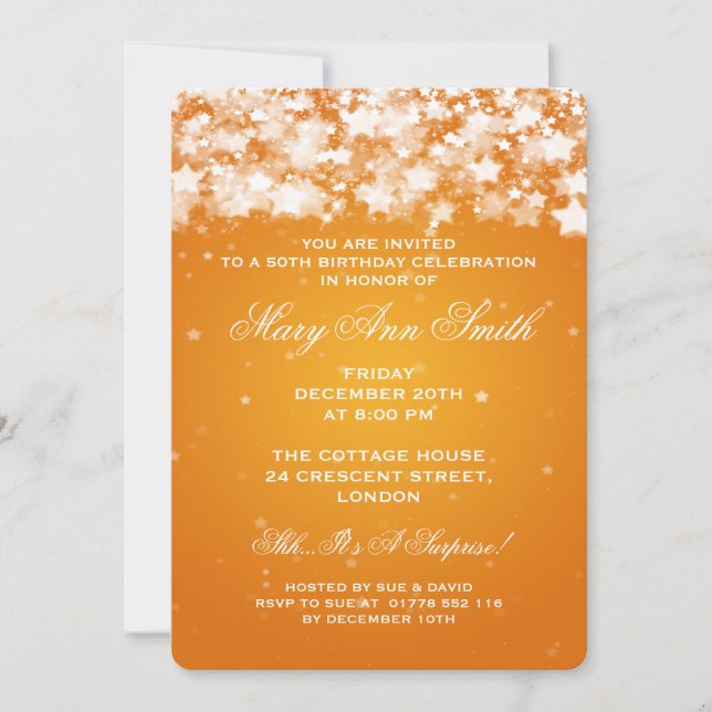 Elegant 50th Birthday Party Dazzling Stars Orange Invitation (Front)