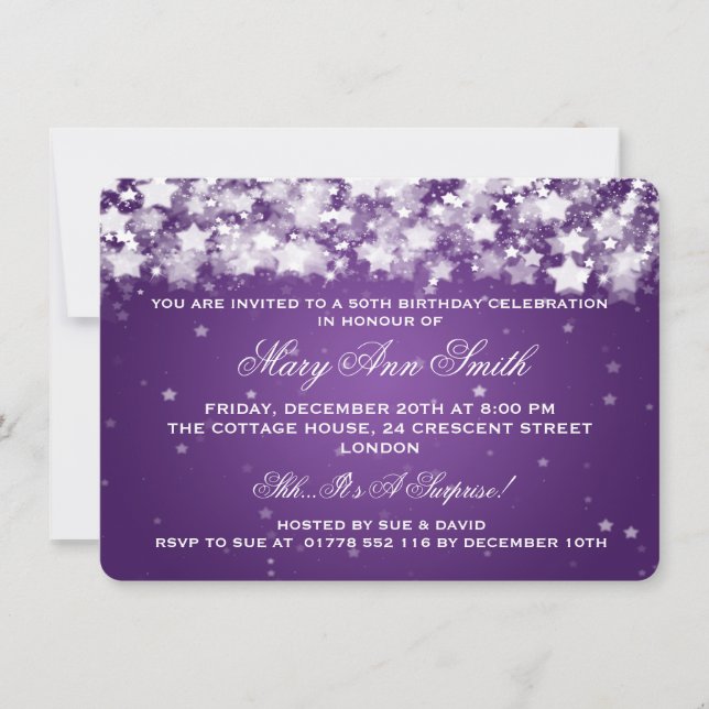 Elegant 50th Birthday Party Dazzling Stars Purple Invitation (Front)