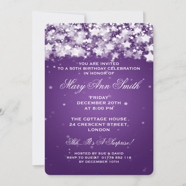 Elegant 50th Birthday Party Dazzling Stars Purple Invitation (Front)