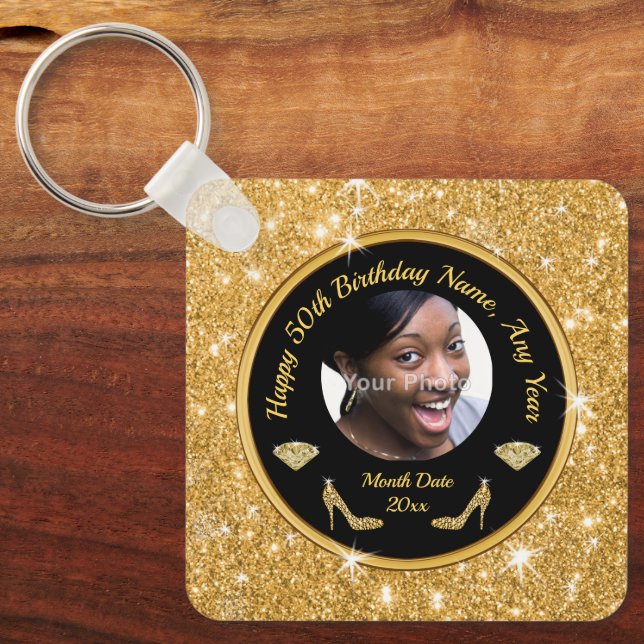 Elegant 50th Birthday Party Favours for Her, Photo Key Ring (Front)