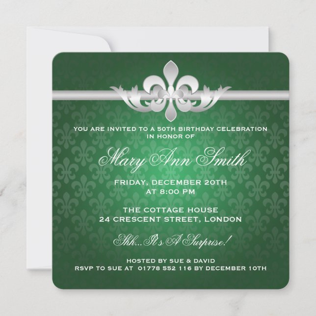 Elegant 50th Birthday Party Fleur De Lis Green Invitation (Front)