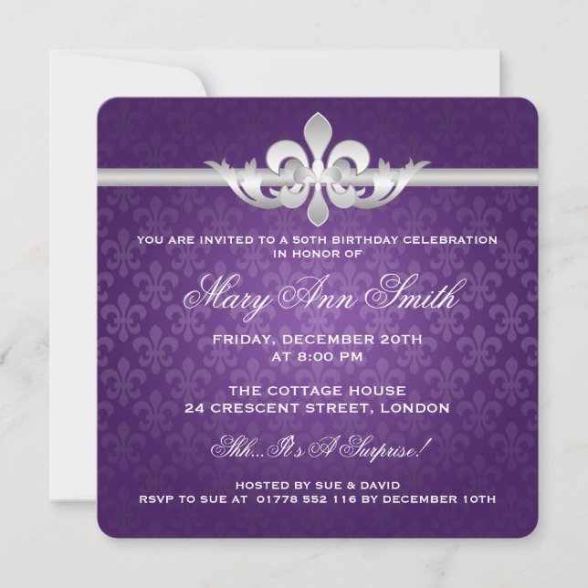 Elegant 50th Birthday Party Fleur De Lis Purple Invitation (Front)