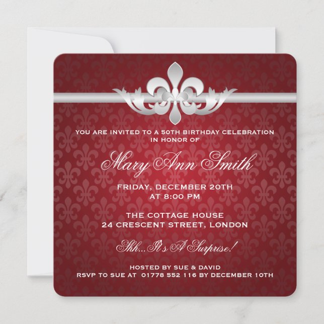 Elegant 50th Birthday Party Fleur De Lis Red Invitation (Front)